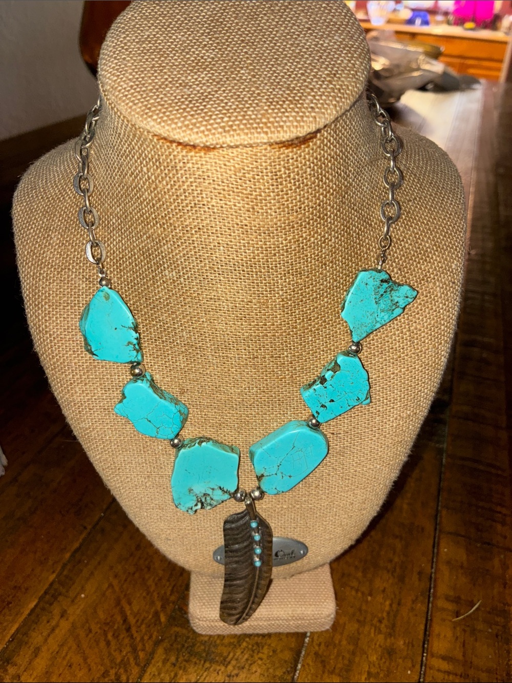Turquoise Chip Necklace with Feather Pendant